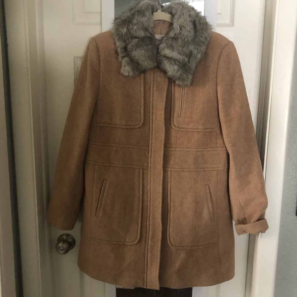 LOFT Camel Utility Wool Coat w/ Faux Fur Trim EUC